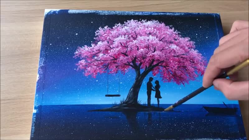 Daily Challenge, 23, Acrylic, Swab Art, Couple in Love under Cherry Blossom