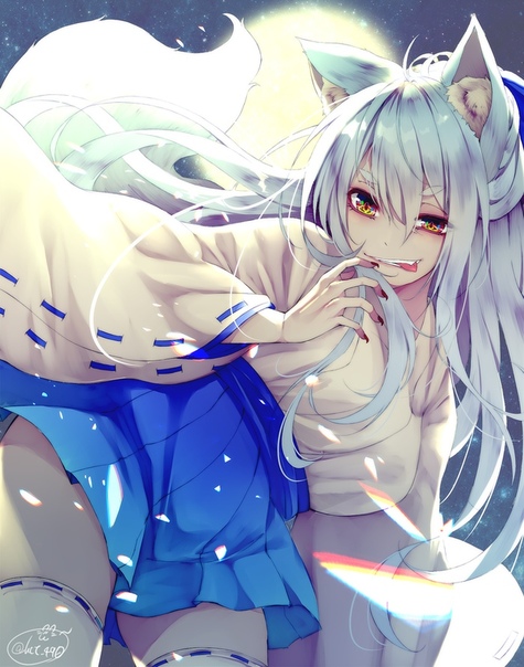 Anime fox girl with white hair